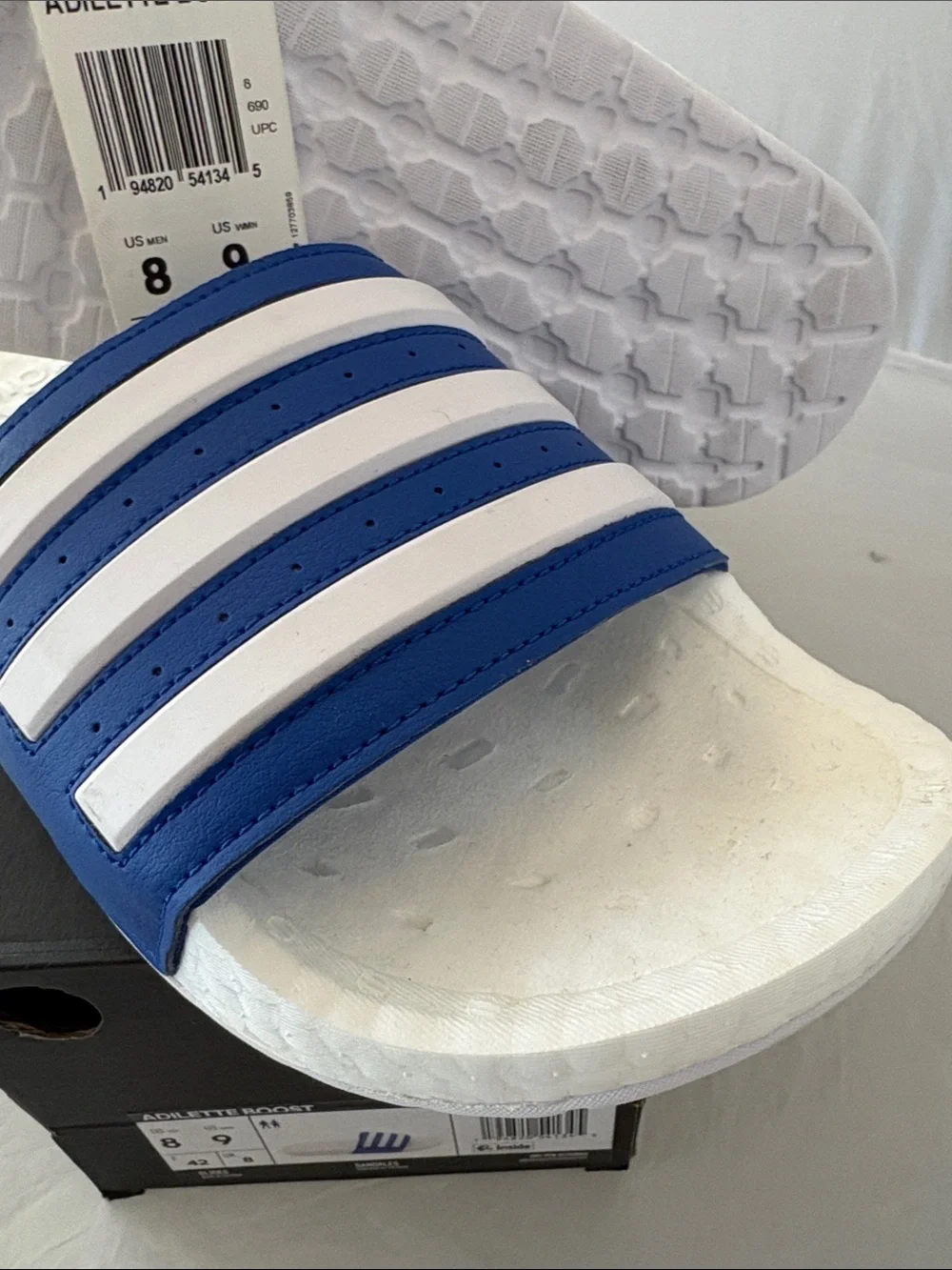 New Adidas Men’s Adilette Boost Slide Sandals - Blue/White Size 8 m / 9 w
